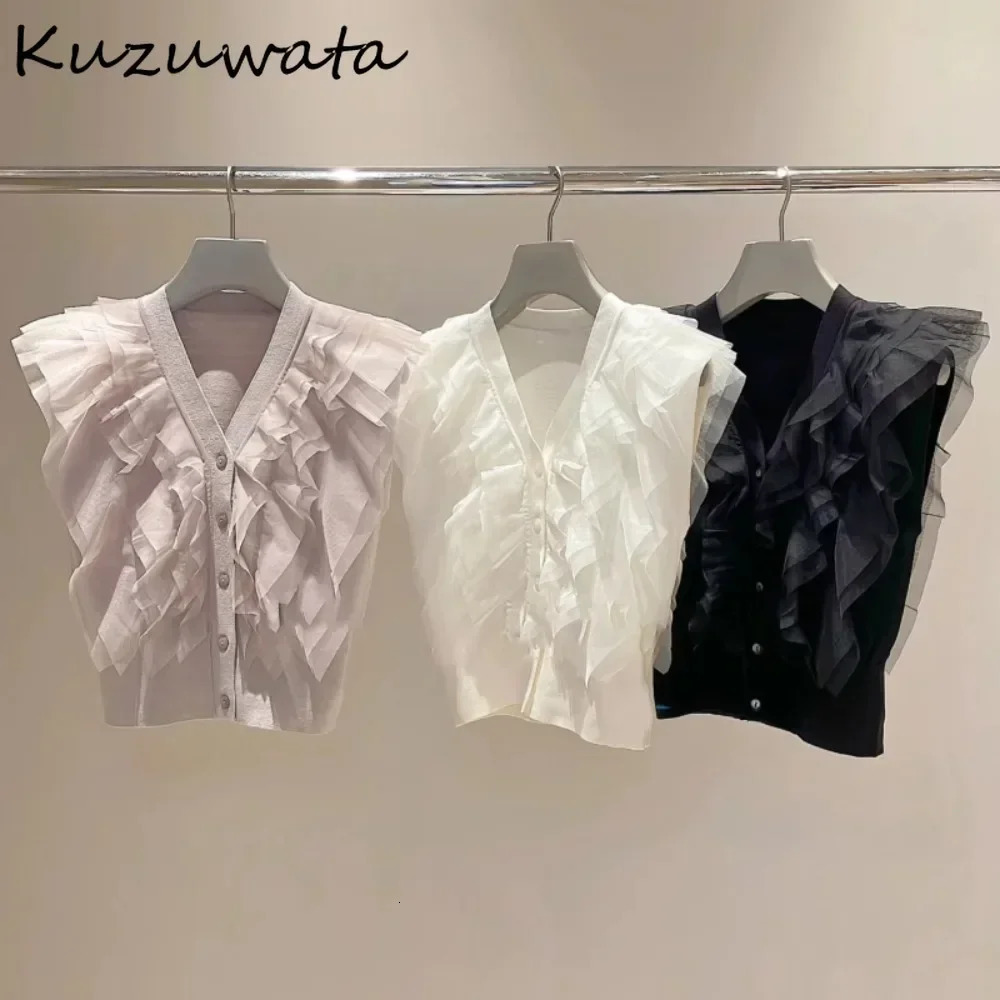 Kuzuwata Sweet V Neck Sleeveless Patchwork Jumper Knit Voile Single Breasted Allmatch Cardigan Japanese Fresh Ruffles Sweaters 250715