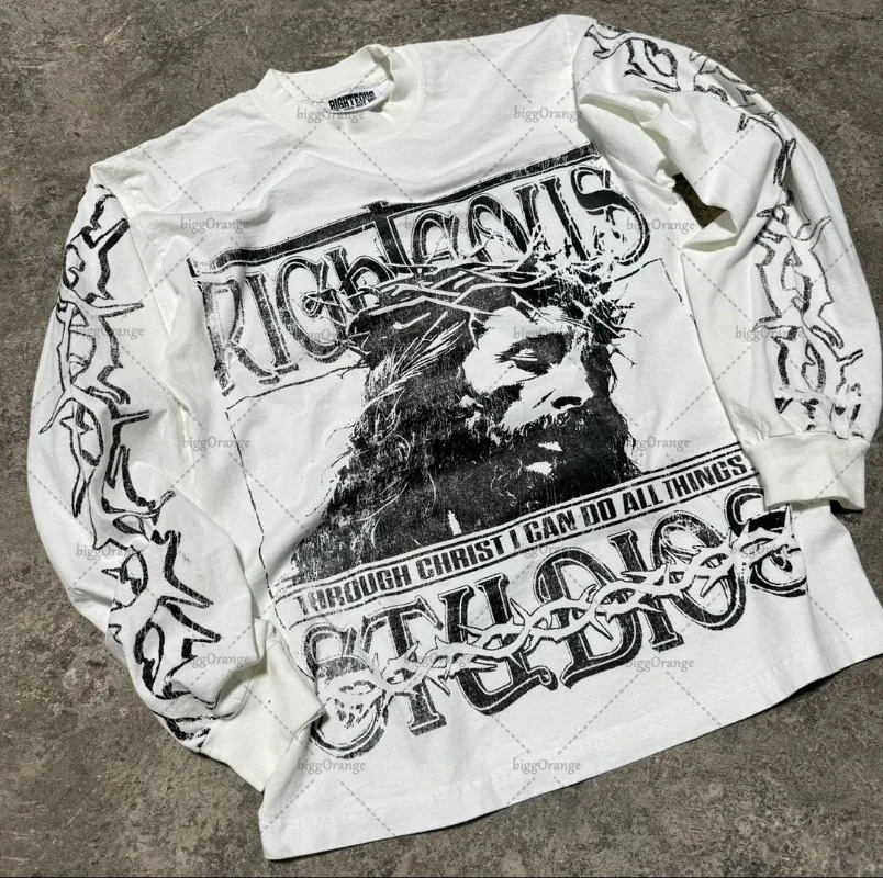 European and American Harajuku Retro Streetwear Gothic Punk Style Letter Print Long-sleeved Men Hip-hop Trend Oversized T-shirt 250728
