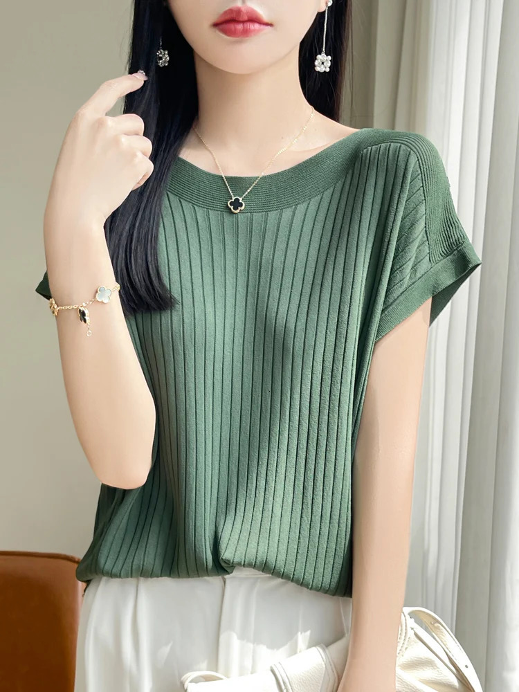 Fashion Slash Neck Women Sweater Ice Silk Spring Summer Knitted Loose Casual Korean Shirts Short Sleeve Knitwear 250715