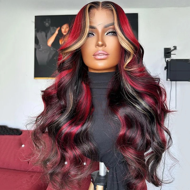 Red Blonde Highlight 13X4 Wavy Lace Frontal Wig Ready Go Body Wave Human Hair Wigs HD PrePlucked Lace Wigs For Black Women Synthetic