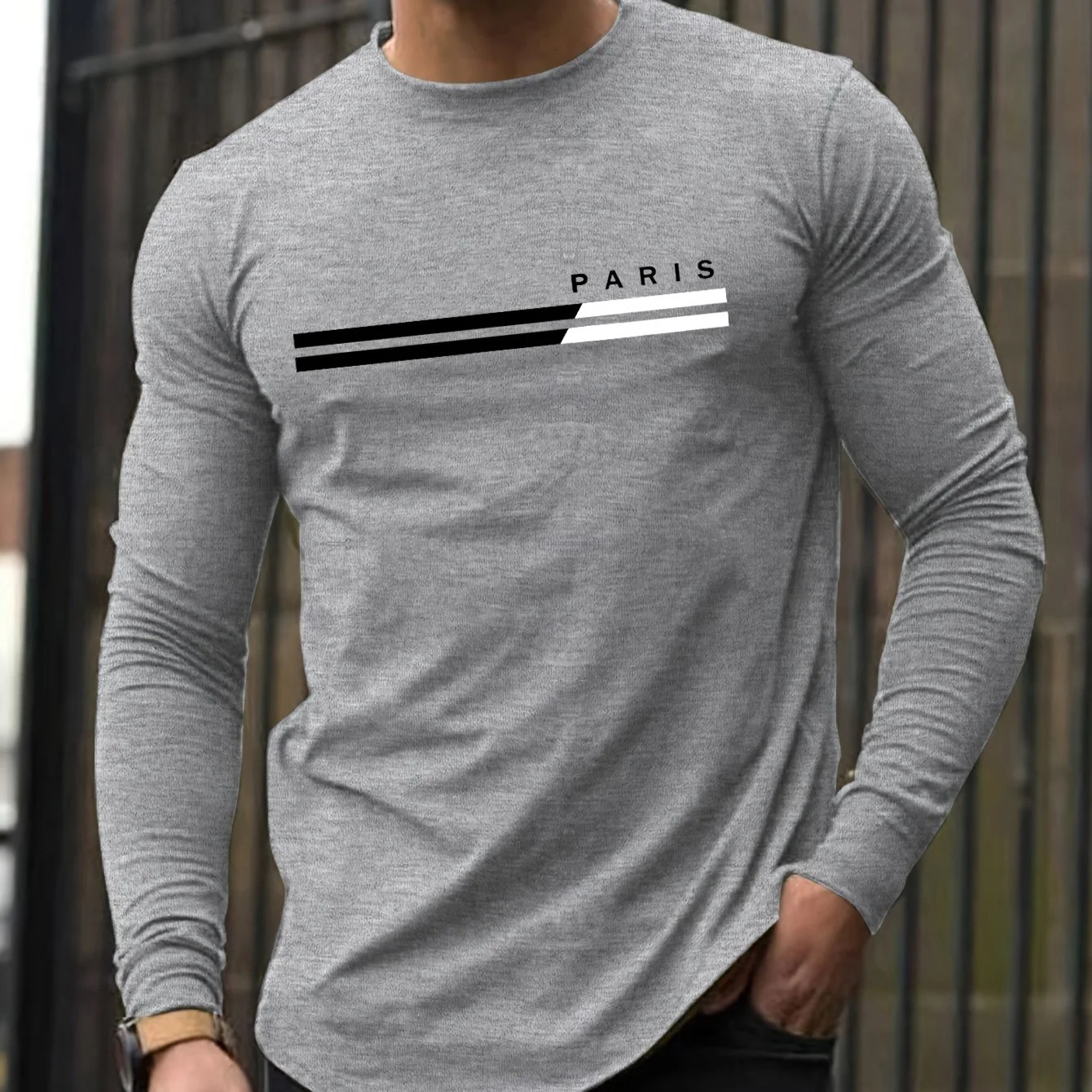 Mens 100% pure cotton loose fit comfortable sports and leisure Paris letter pattern printed round neck long sleeved T-shirt top 250728