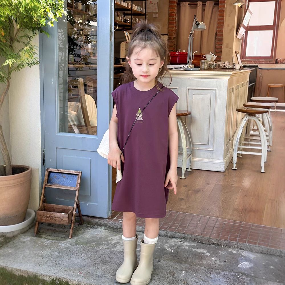 D103 Girls&#039; casual dress Korean style summer baby loose daily medium and long cartoon pure cotton sleeveless medium and large children-image-1068884333