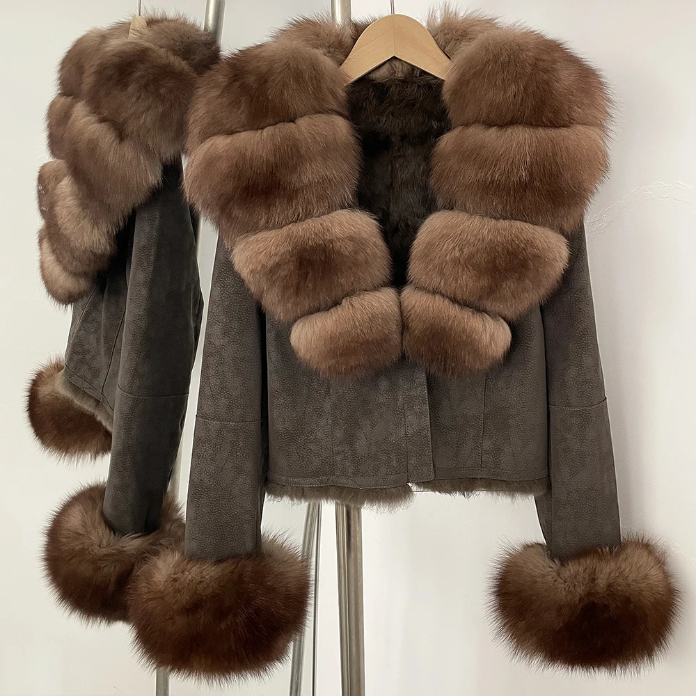 0ftbuy Rabbit Fur Liner Suede Jacket Women Fashion Short Autumn Winter Fur Clothing Natural Fox Fur Collar Coat Female 250724