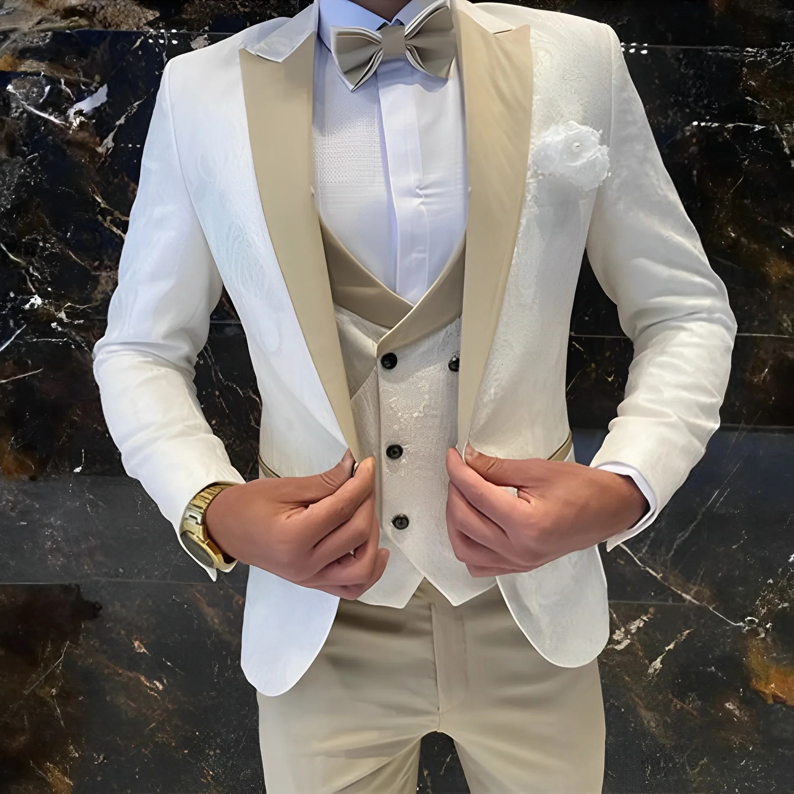 Ivory Mens Wedding Groom Suit 3 Piece Jacket Pants Vest Formal Tuxedo Elegant Mens Custom Suit Bow tie not Included250724