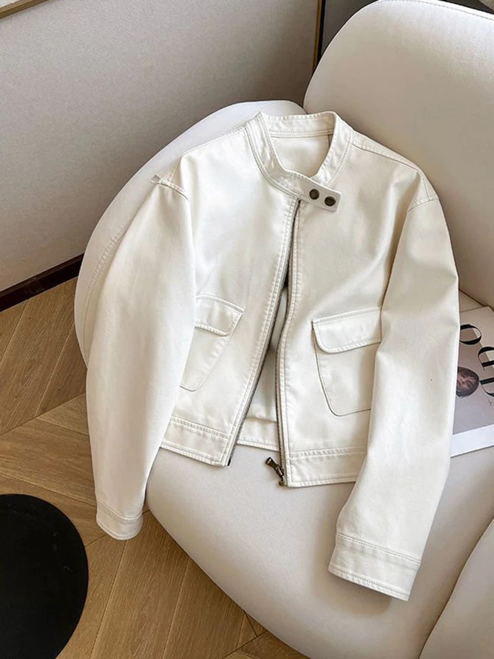 Fashion Pu Leather Crop Jacket for Women Y2K Autumn Streetwear Loose O Neck Coats Bf Harajuku Motorcycle Clothing Outwear 250724