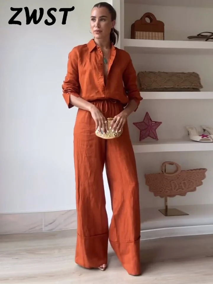 Casual Solid Shirt Pants Suit Women Lapel Single Breasted Loose Shirt Wide Leg Drawstring Trouser Spring Fashion Female Set 250724