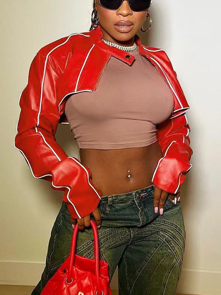 Red PU Faux Leather Sexy Cropped Motorcycle Jackets Women Autumn Fashion Long Sleeve Striped Zip-Up Extra Short Coat Female 250724