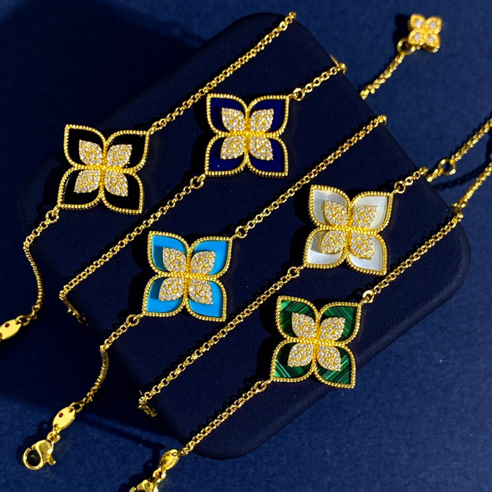 Charm Bracelets Hot selling diamond bracelet four-leaf clover sense flash diamond plated 18K gold inlaid white fritillion princess flower bracelet f