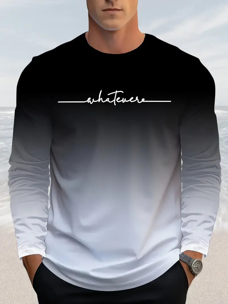 Funny Gradient Letter Print Mens Long Sleeve T-shirt Business Casual Fall Comfortable Pullover Fashion Cotton Loose O-neck Tops 250728