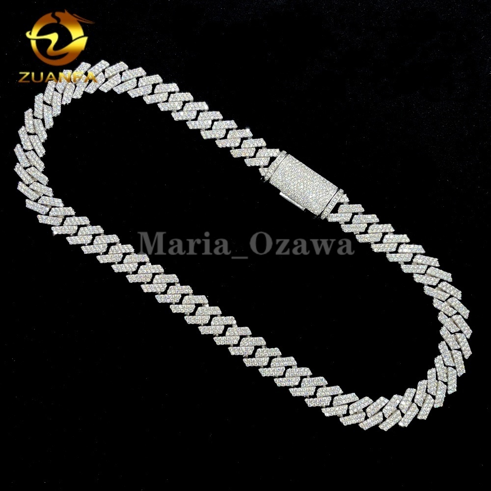 Factory on Sale 12mm Two Rows Hip Hop Jewelry Iced Out 925 Sterling Silver Moissanite Necklace Cuban Link Chain Necklace