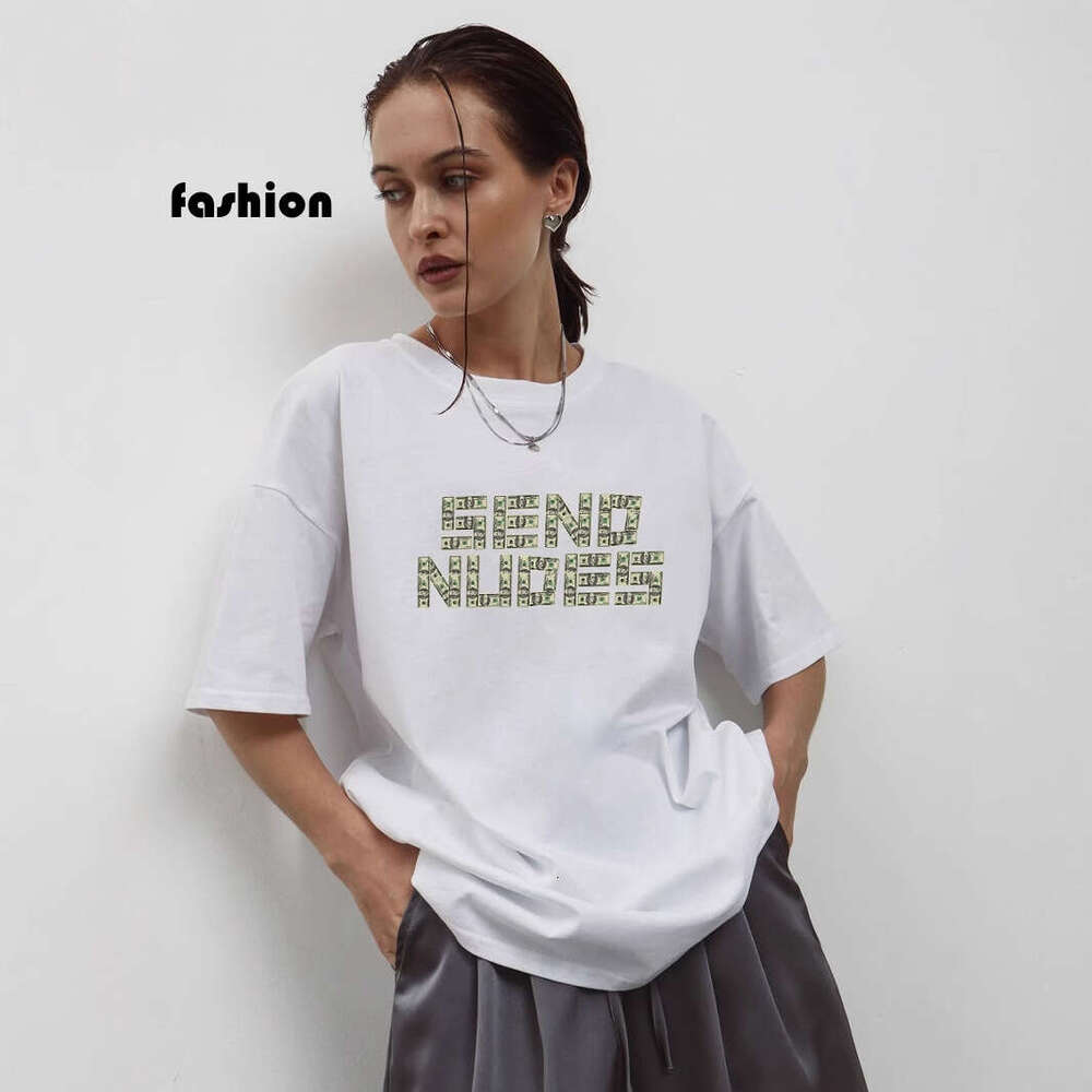 Minimalist Text Print T-Shirt For Women, Summer Versatile Loose Round Neck Pure Cotton Short Sleeve Top B5 h6