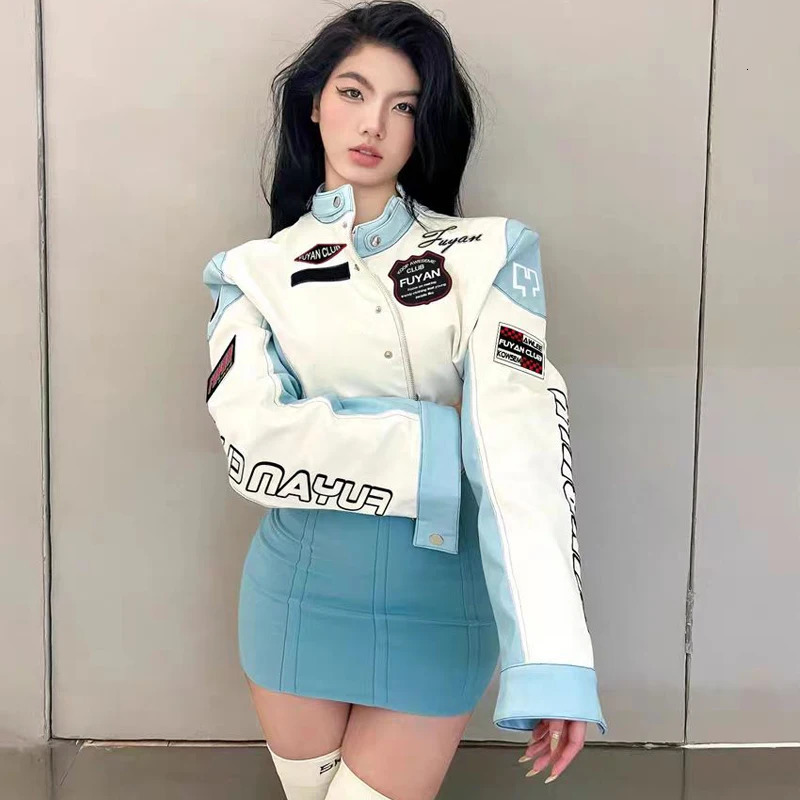 jacket bomber leather racing women varsity outerwear short blue motorcycle coat y2k American Baseball Jacket Windbreak 250730