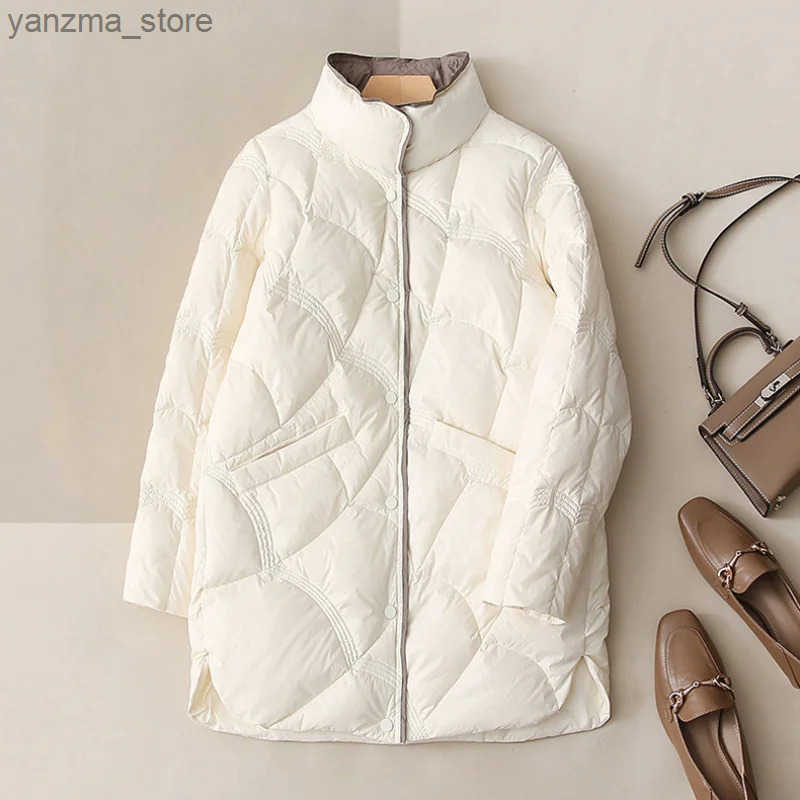 2023 Winter New Fashion Stand Collar X-Long Women Down Jackets Female Casual Loose Ultra Lightweight White Duck Down Warm Coat L250730