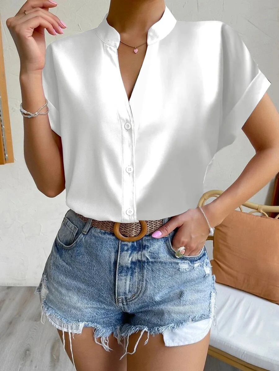 Summer V-neck Pullover Short Sleeved Female Solid Color Casual Shirt Womens Clothing 2024 Button Office Lady Blouse Tops250723