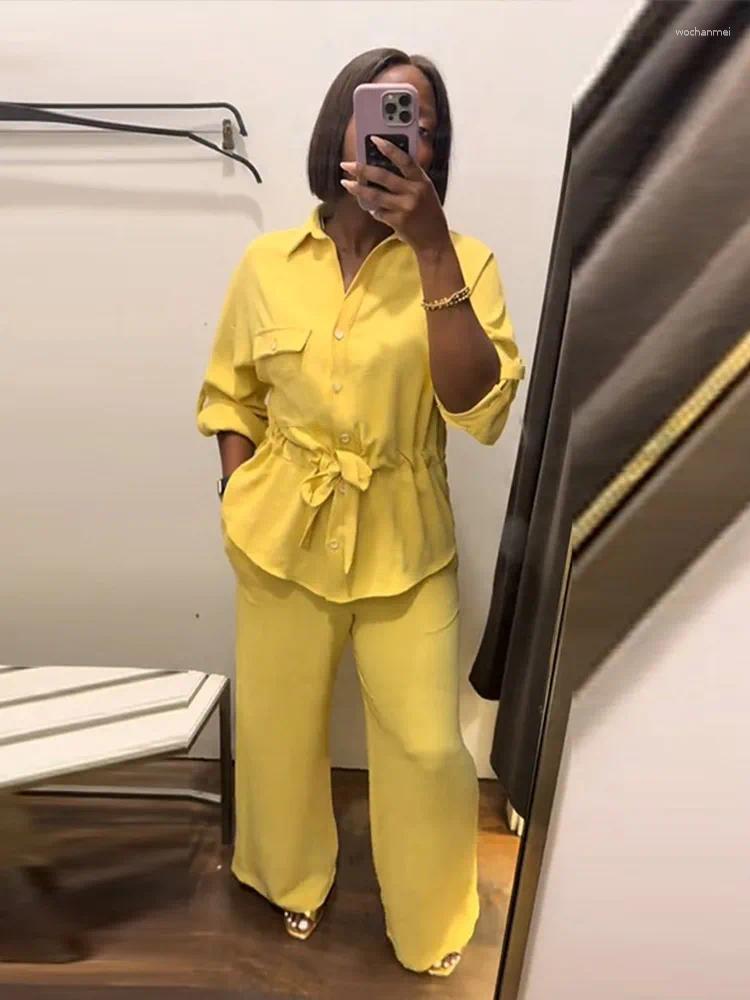 Women's Two Piece Pants Casual Shirt Set Women Loose Long Sleeve Lapel Single Breasted Top Wide Drawstring Trousers 2025 Summer Solid