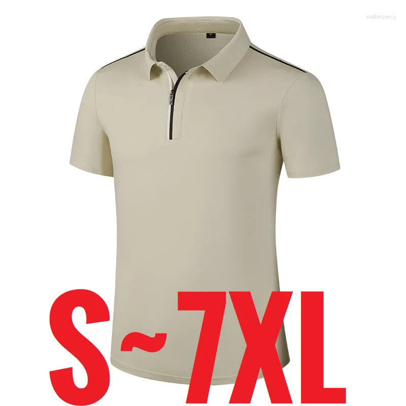 Men's Polos Big Size Polo Shirt Turn Down Collar Short Sleeve Top Male Quick Dry Loose Summer Half Zip Up Large Fat Plus 7XL 6XL Beige