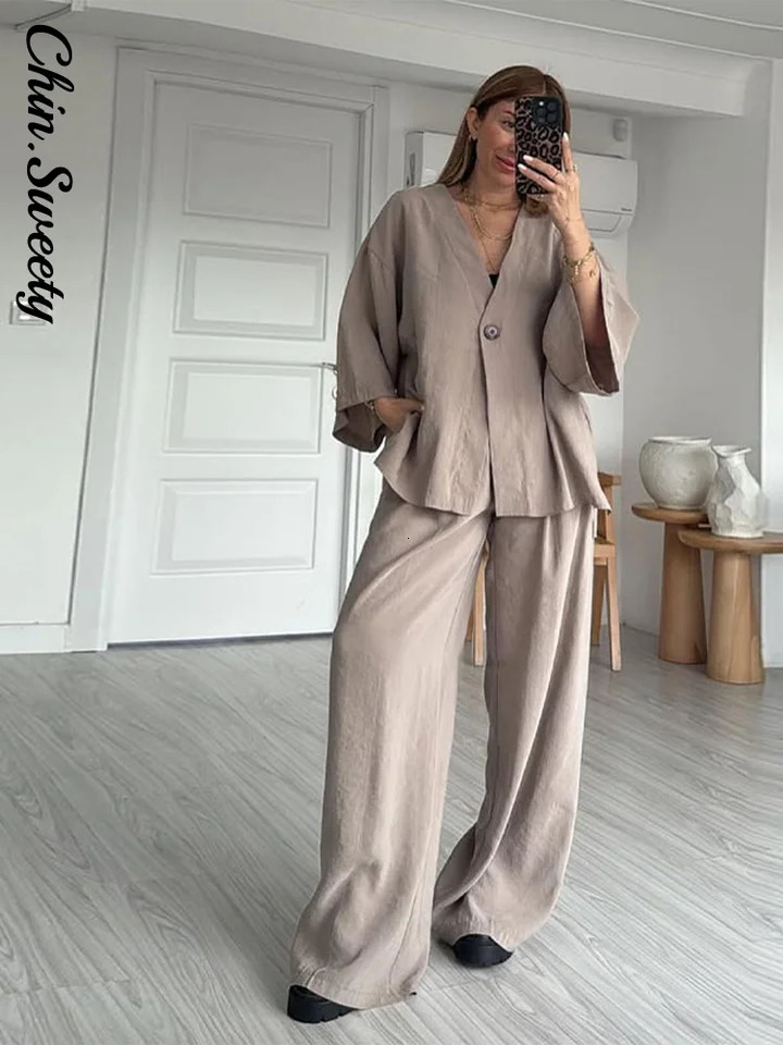 Casual Cotton Linen Pants Set Loose Vneck One Button Shirt High Waist Wide Leg Pant 2025 Spring Summer Lady Suit 250724