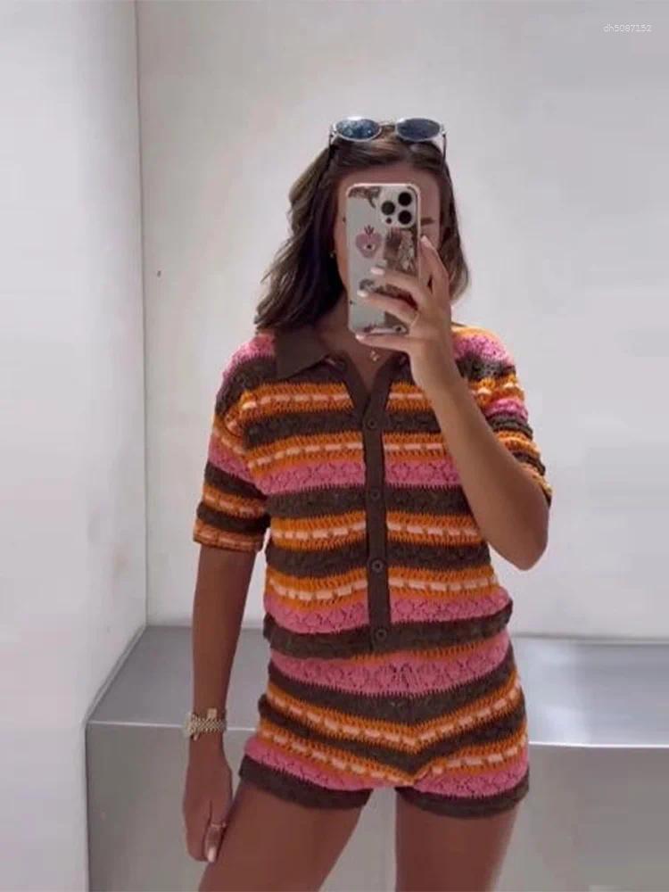 Women's Tracksuits Fashion Stripe Knitted Shorts Sets Women Lapel Single Breasted Short Sleeve Knitting Top Chic Autumn Lady 2 Pcs Outfits