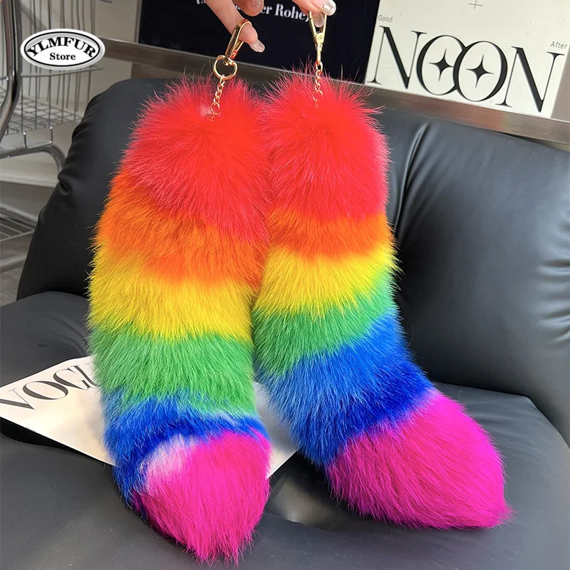 40cm Real Fox Fur Tail Large Long Natural Fur tail Keychain Pendant Cosplay tail Cute Wolf Fox Tail Fur Car Keychains For Women 250729