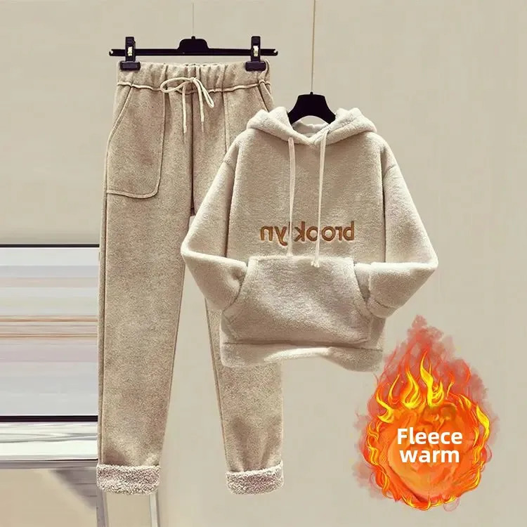 Plus Size Womens Fleece Lined Thickened Autumn Winter Fashion Woolen Pants Loose Lamb Fur Sweatshirt Two Piece Set Generous... 250725