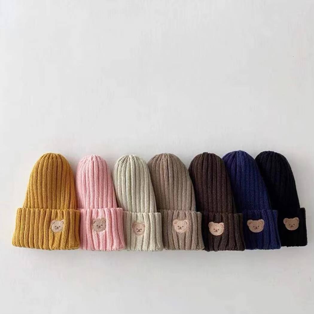 2023 Korea Spring Autumn boys Candy Color Boys Knit Baby Girls Bear Head Embroidery Kids Knitted Hat ddmyshoesvip ddmyshoesvip