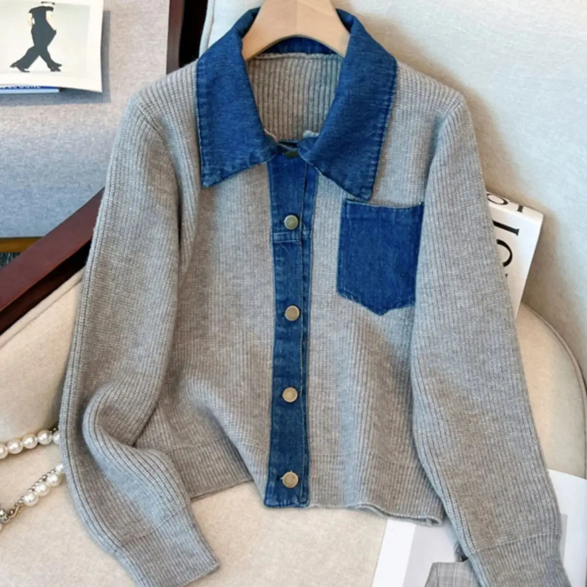 Pallon en tricot à collier épissé en denim Veste à manches longues pignon