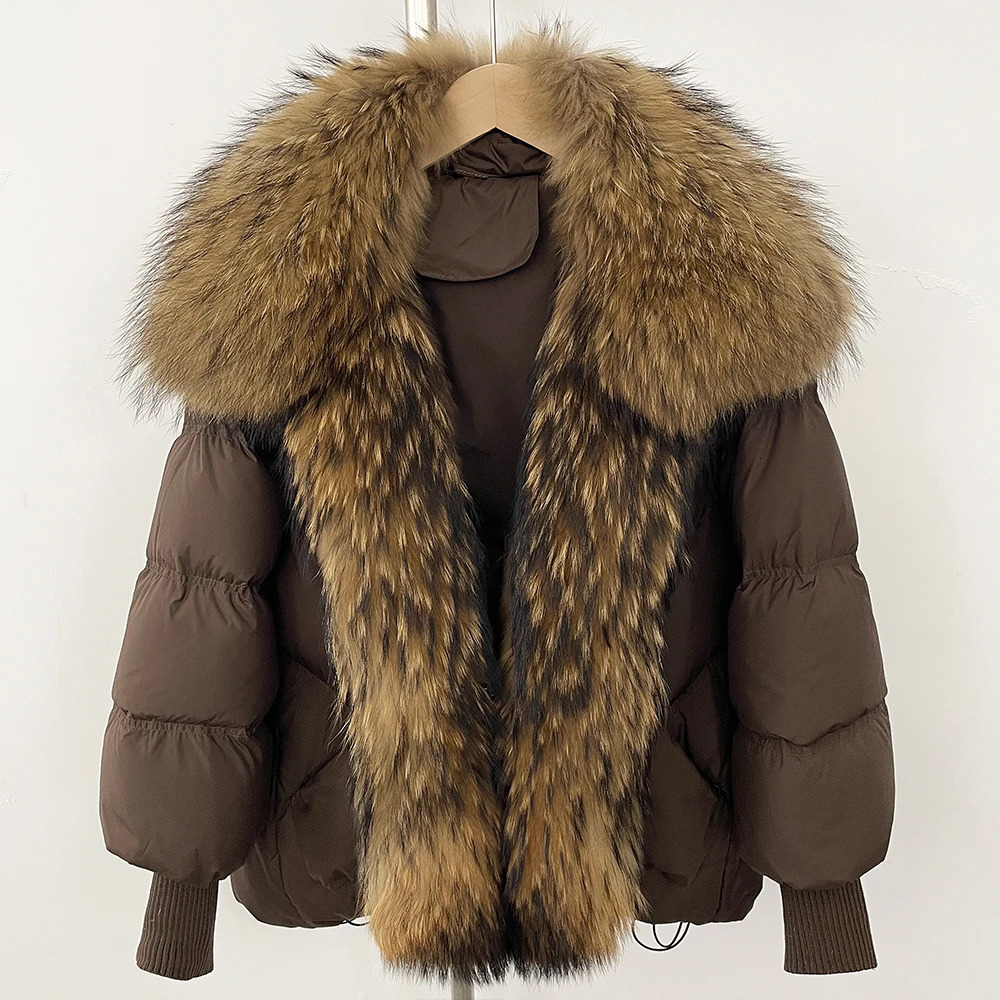 Winter Large Raccoon Fur Puffer Coat Women Knit Sleeve White Duck Down Jacket Oversized Feather Down Parka 250724