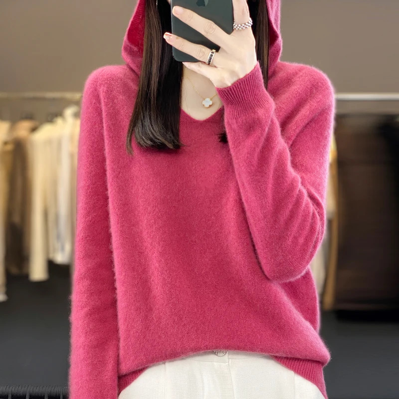 100% Merino Pure Wool Vneck Sweat à capuche automne-ouvrage en cachemire femme décontractée tricot tricot DMR207 250730