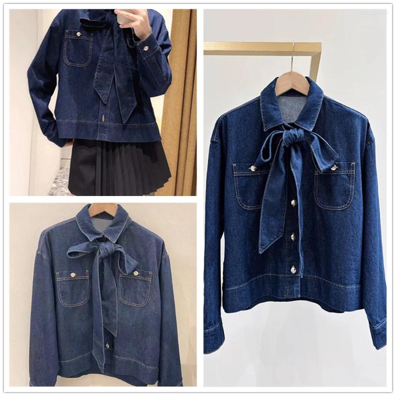 Women's Jackets French Denim Shirt Coat Bow Tie Turn-Down Collar Female Single-Breasted Jacket Tops