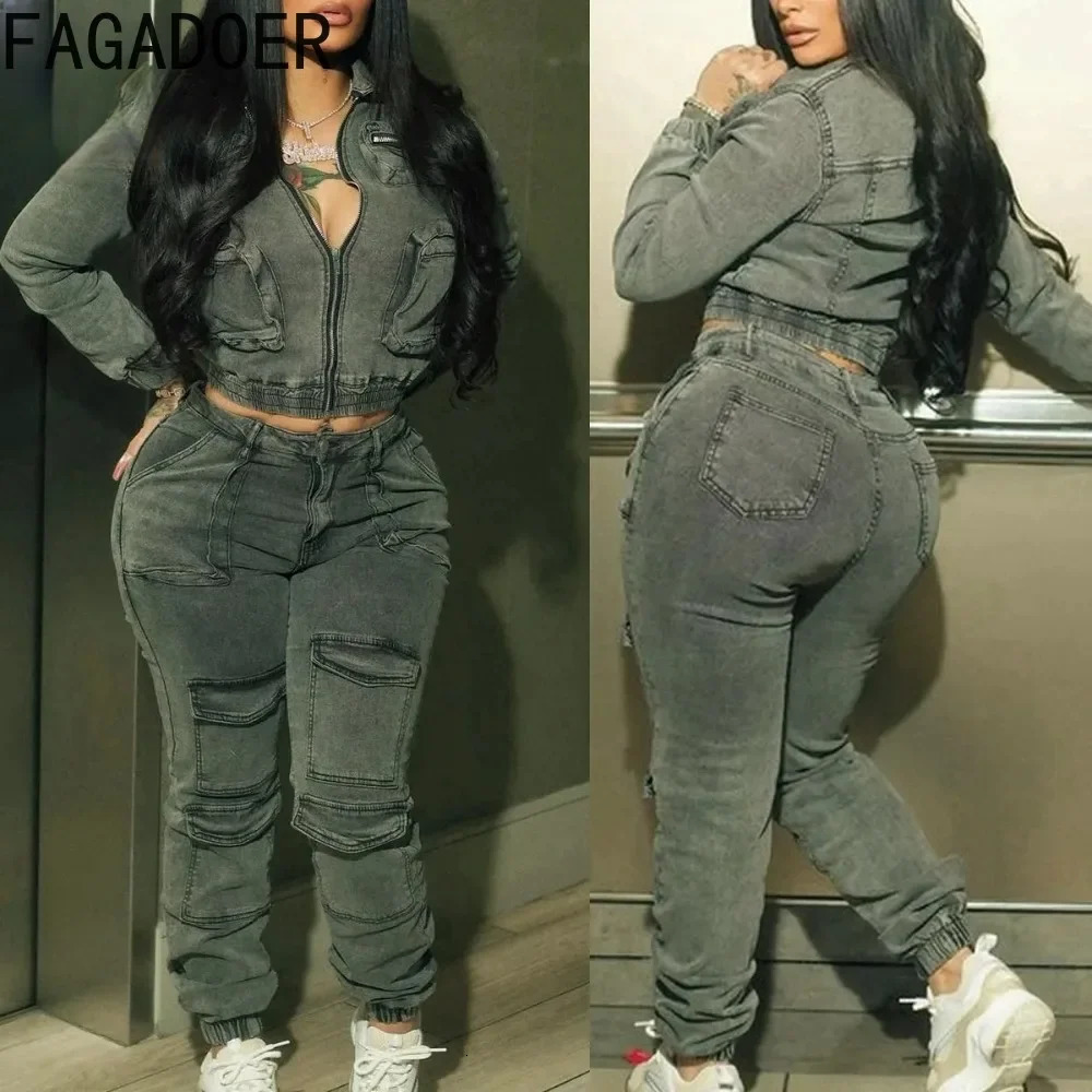 FAGADOER Fashion Denim Two Piece Set for Women Y2k Streetwear Lapel Zip Crop Jacket and Cargo Pockets Stretchy Jeans Outfits 250725