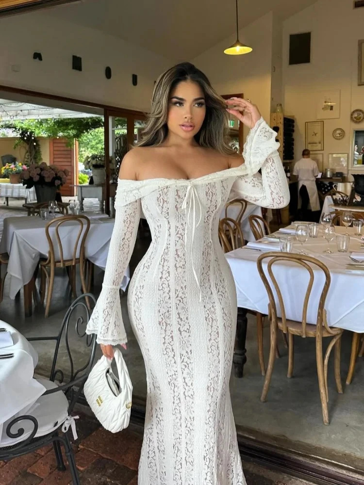 Femmes élégantes en dentelle blanche Hollow out imprimé fleur longue robe manche de mode midi midi robe chic club de fête de fêtard 250730