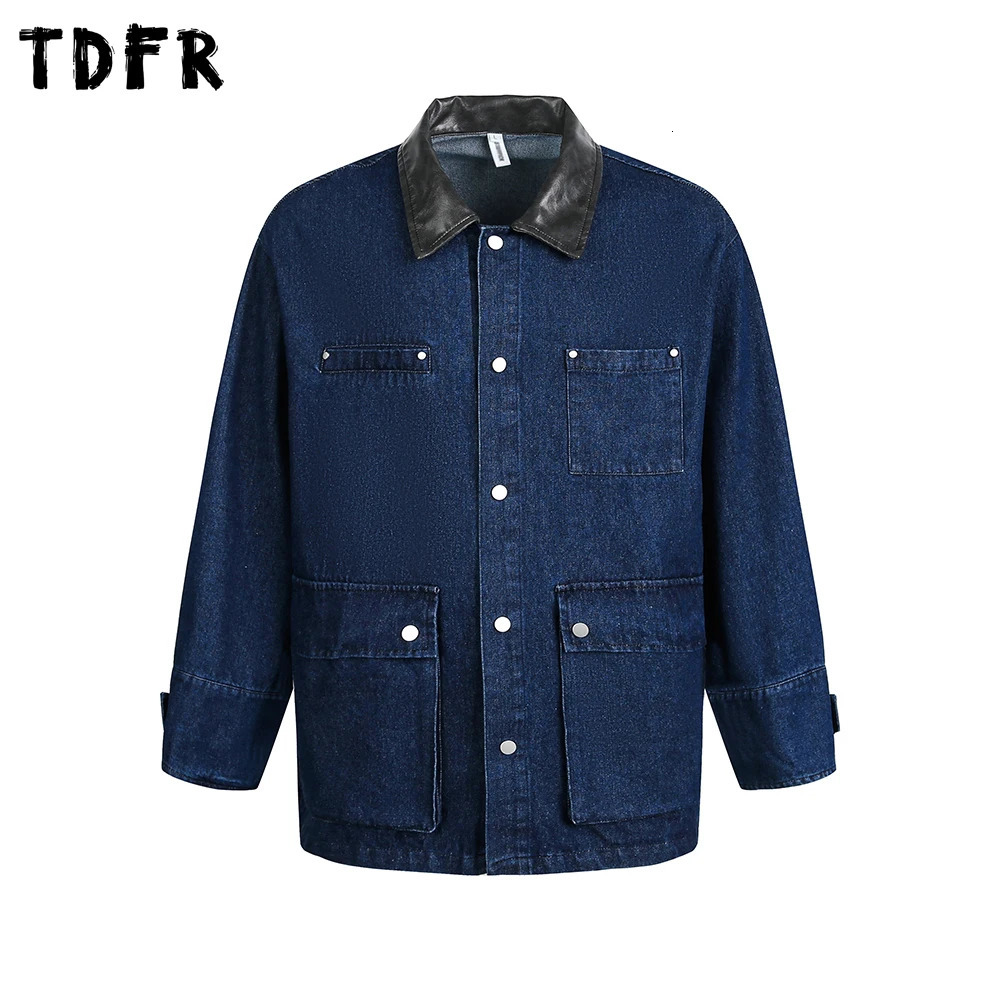 Multi-Pocket Denim Jacket Mens Retro Casual Autumn Single Breasted Spliced Lapel Long Sleeve Outerwear Man 250728