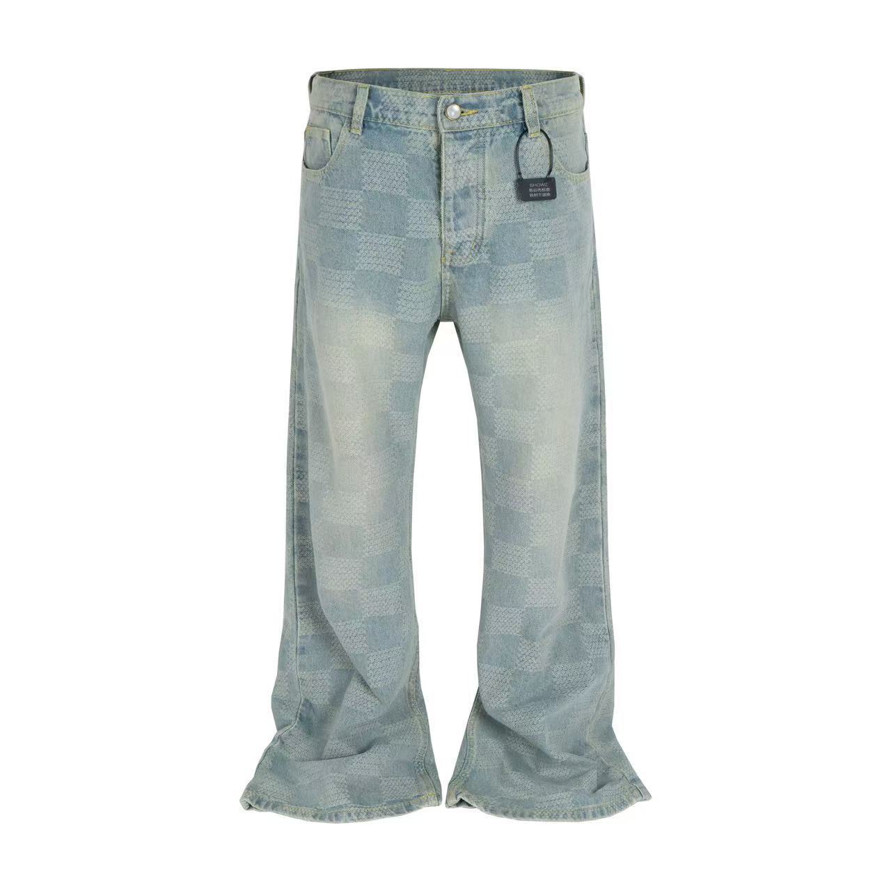 American Street Fashion INS Internet Celebrity Washed Light Blue Loose Donkey Style Unisex Casual Checkered Flared Jeans