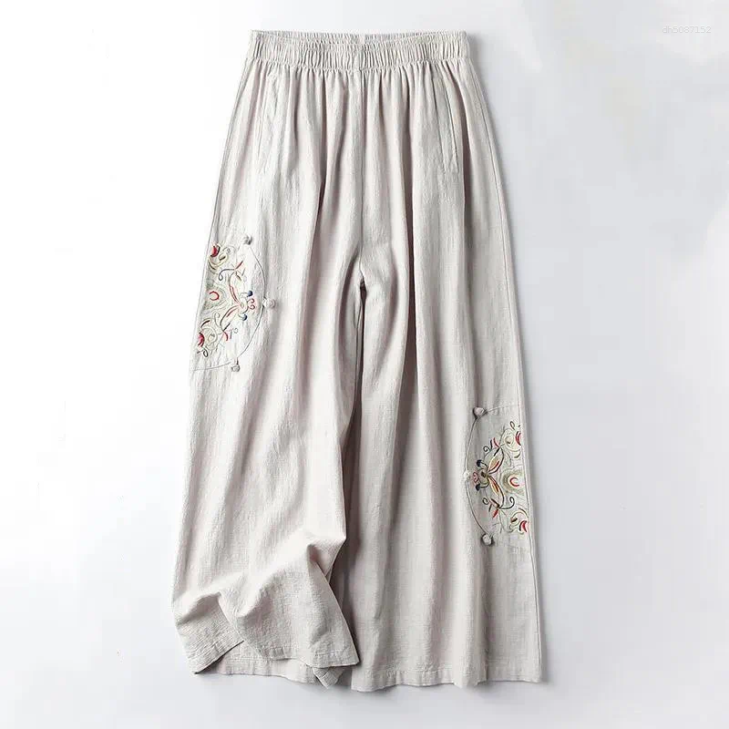 Women's Pants Summer Cotton Linen Cropped Women Casual Thin Vintage Ethnic Bottom Embroidered Wide Leg Woman Clothes Trousers
