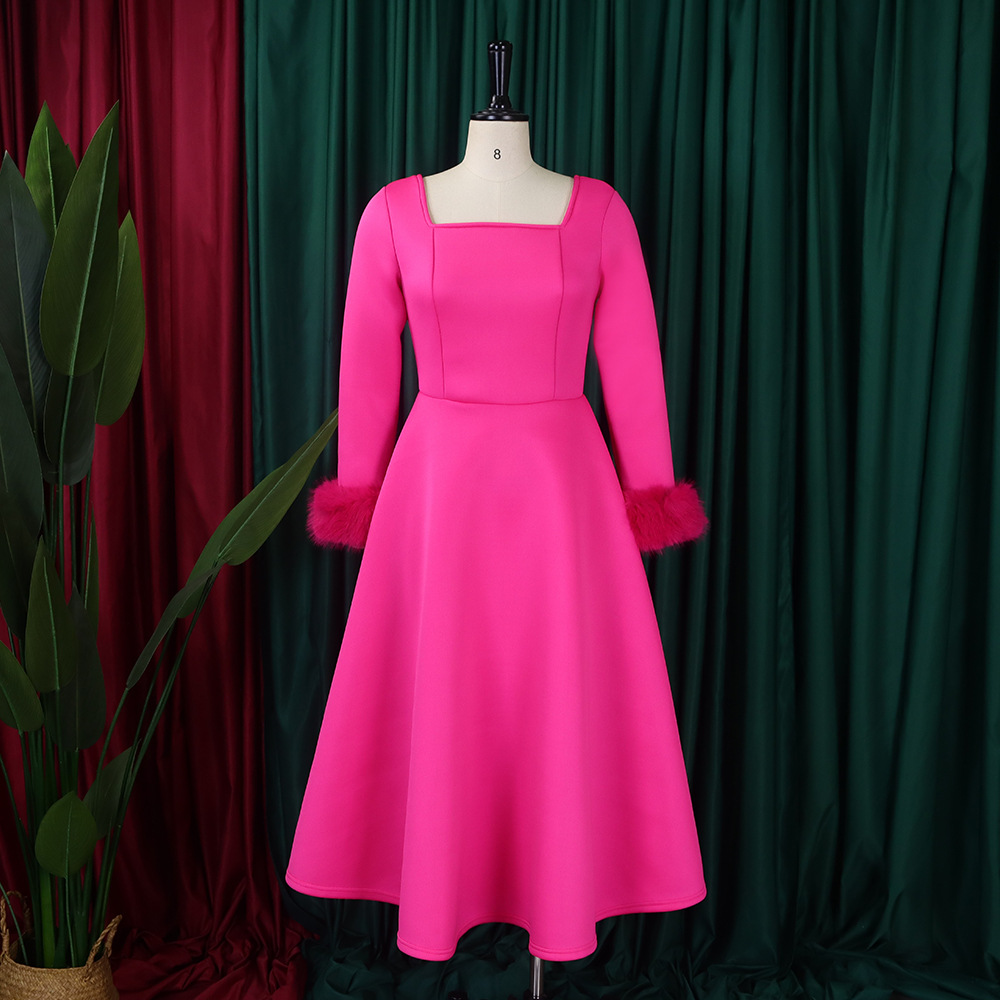 (358) Hiver Elegant Fur Decoration Robe de jupe longue