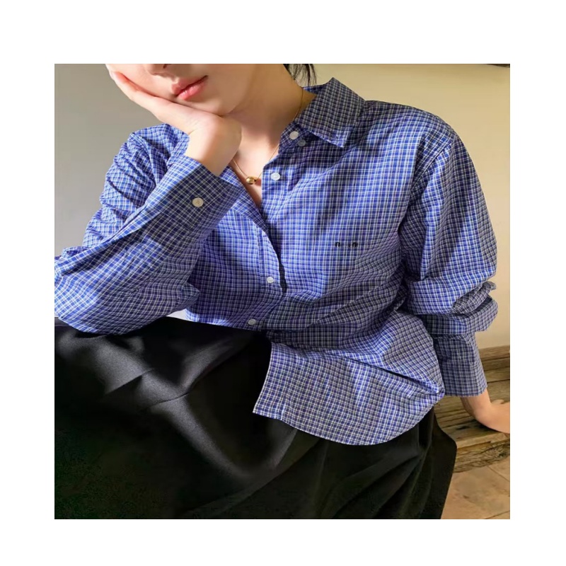 Fashion women shirts designer shirts top with blue checkered pattern pure long sleeved womens shirt high quality versatile woman clothing female cas
