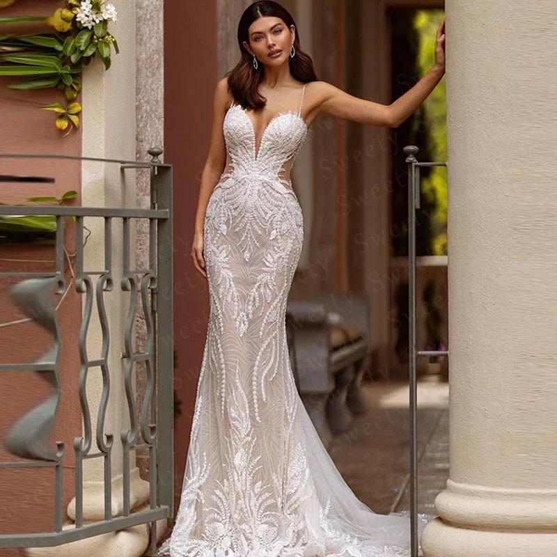 Mermaid Wedding Dresses Lace with Pearl and Sequin Ball Gown V-Neck Spaghetti strap Sleeveless Backless Floor Length Custom Made Color/Size