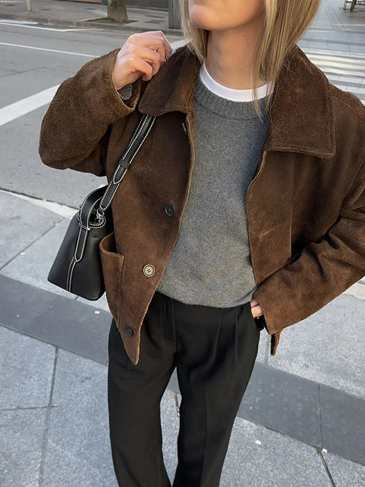 Vintage Brown Suede Womens Jacket Lapel Long Sleeve Spring Female Coat Street Fashion Single Breasted Loose Lady Coats 250724