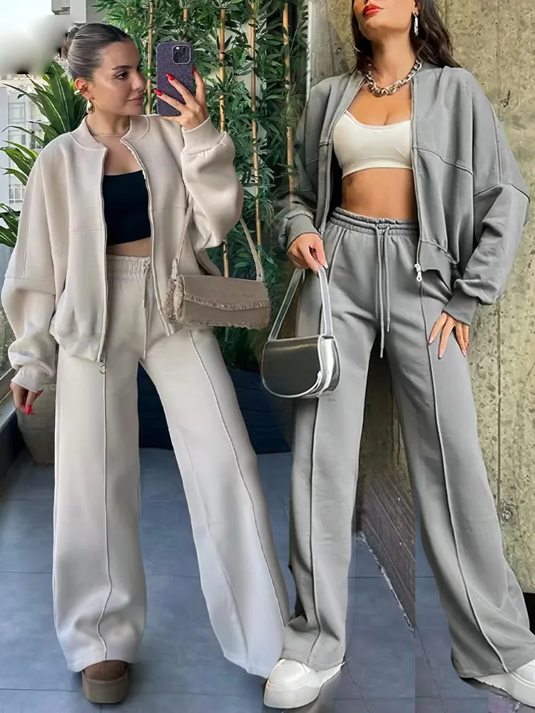 TRAFZA 2024 Autumn Womens Thick Hoodie Coat Drawstring High Waist Loose Casual Pants Set Lined Fleece Womans Clothing Street250724
