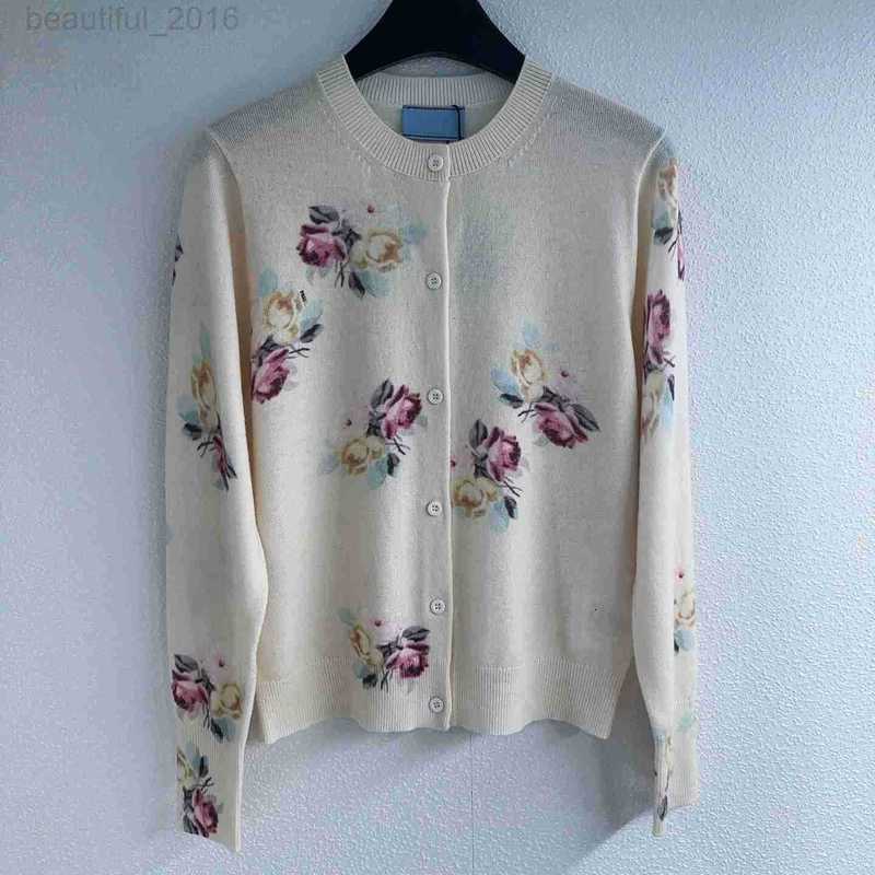 Women's Knits & Tees designer Top-Level Version P Home Rose Cashmere Heavy Craft Print Romantic Elegant Round Neck Long Sleeve Knitted Cardigan
