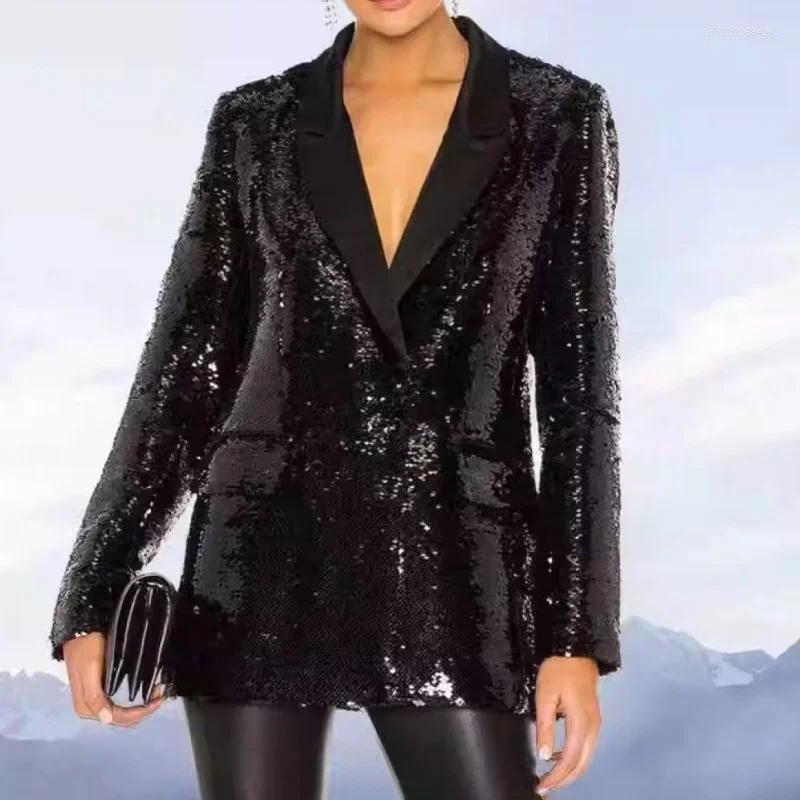 Women's Jackets 2025 Autumn Heavy Industry Sequined VelvetCollar Medium Long Suit Jacket Y2k High-quality FashionableCommuting