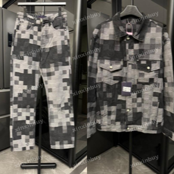 xinxinbuy Men designer Coat Jacket mosaic letter jacquard paris washing denim sets Multiple pockets long sleeves women black blue XS-3XL
