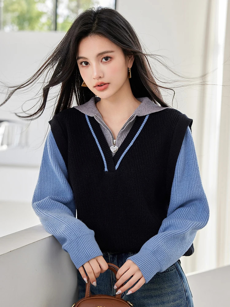 Autumn Twopiece Knitted Sweater Women Fashion Temperament Long Sleeve Pullover Knitwear Tops 250730