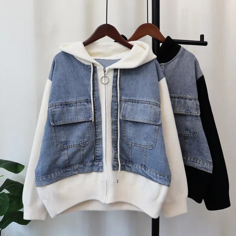 Vêtements pour femmes à manches longues en denim à capuche pontons épissés à la fermeture à glissière poches de cardigan poches en vrac