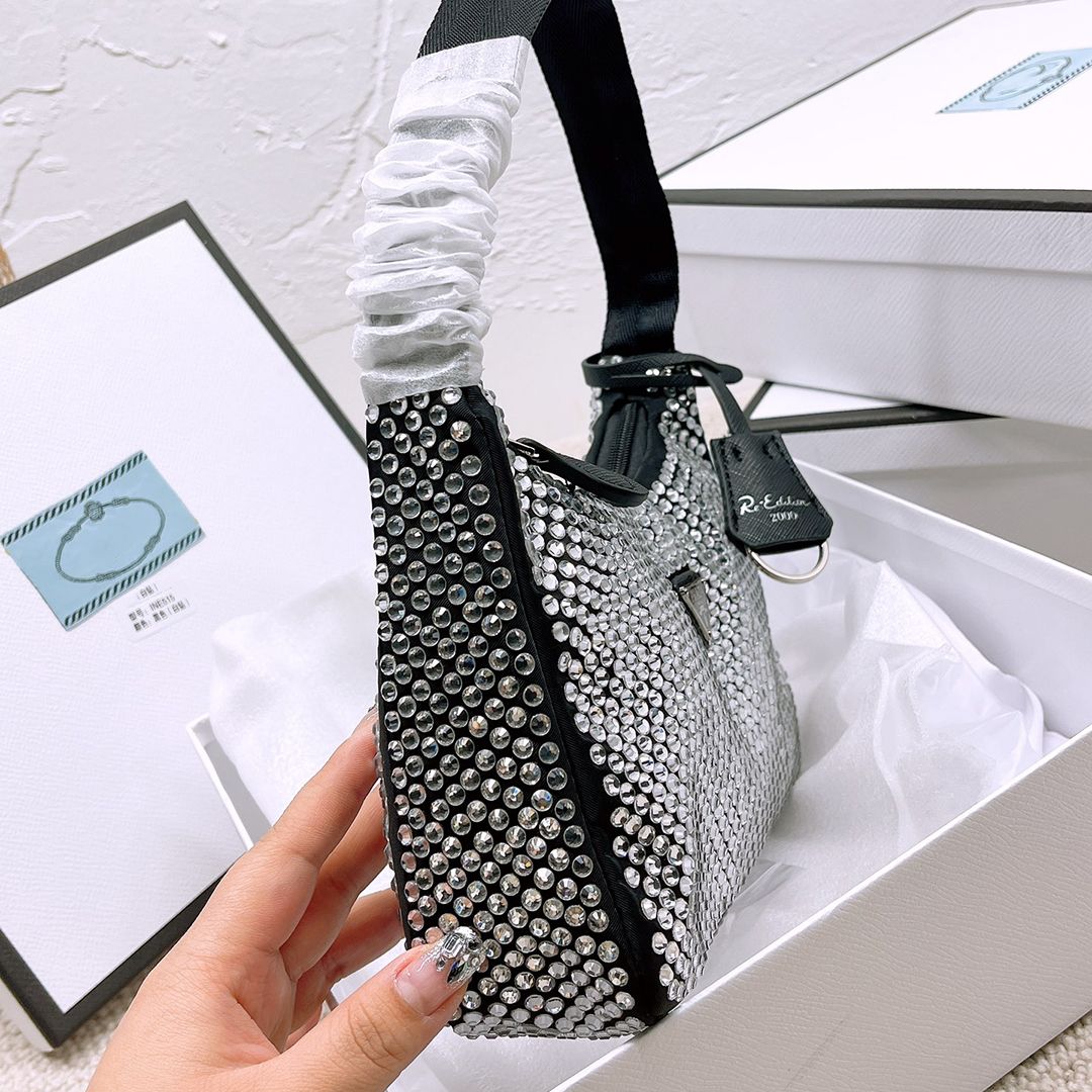 High Quality Luxury Designer Nylon Crystal Hobo Bags High Quality Diamond Shoulder Handbags Fashion Bestselling Women Crossbody Bag Purses Designers