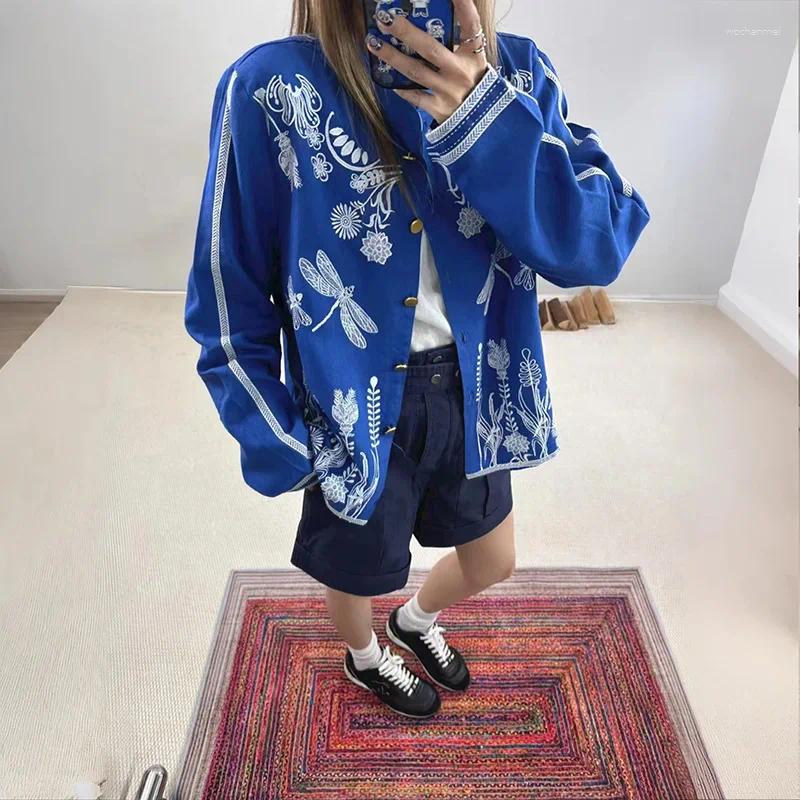 Women's Jackets Women 2025 Early Autumn Fashion Dragonfly Water Grass Embroidered Stand Collar Single-breasted Fun Long-sleeved Jacket