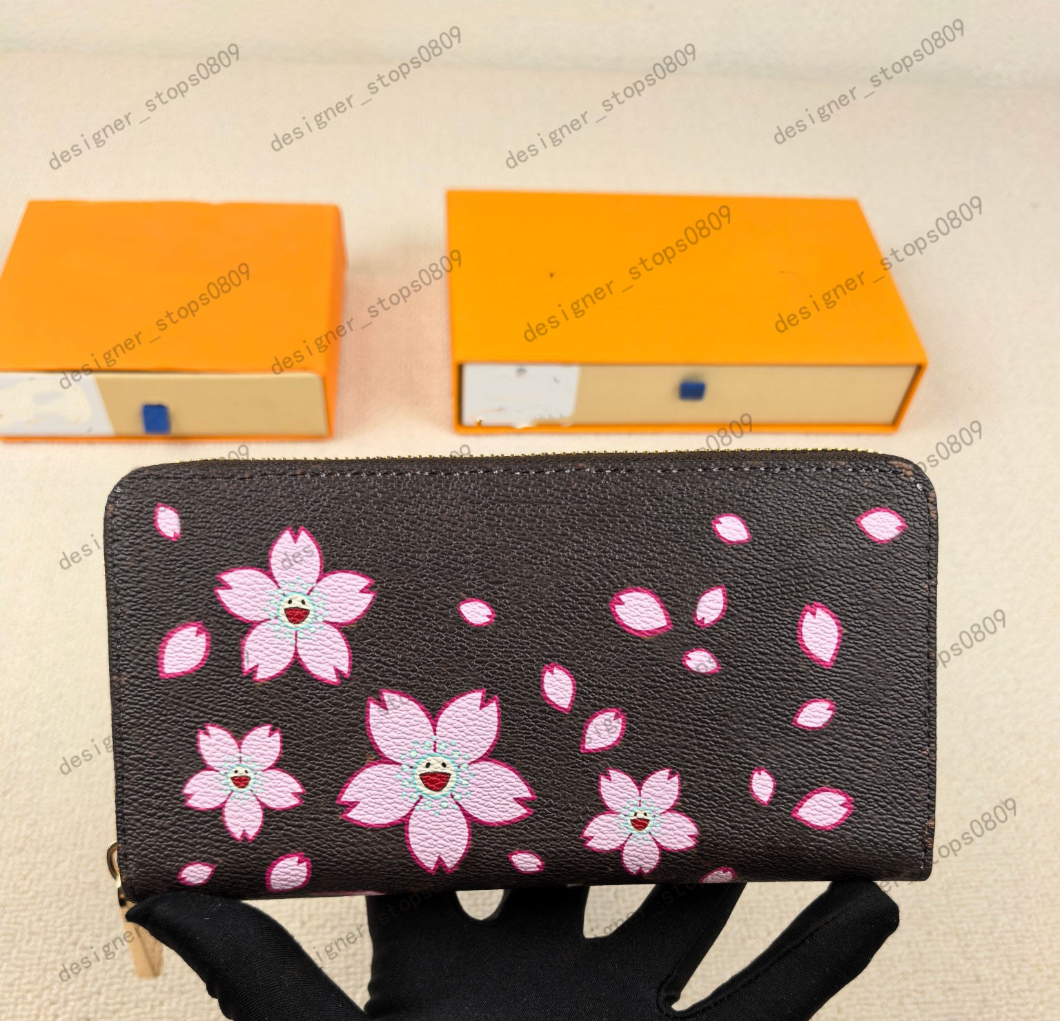 Men's long wallet, Takashi Murakami designer wallet, new fashionable cherry blossom niche design handbag, multi card designer bag, slot ID hold