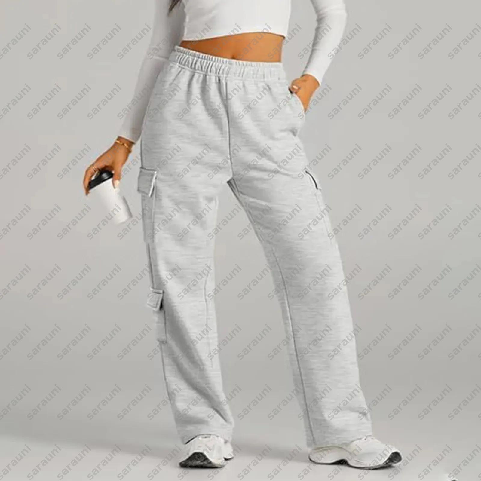 2025 Womens Cargo Pants Wide Leg Fleece Lined Designer Pants For Women Fall Winter Baggy High Waisted Joggers Pant With Pockets Mujer
