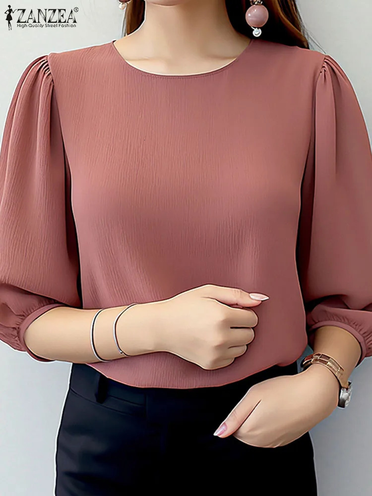 ZANZEA Elegant Women Puff Sleeve Blouses 2025 Summer 3/4 Sleeve O Neck Crinkled Texture Blusas Fashion Solid Color Tunic Tops250723