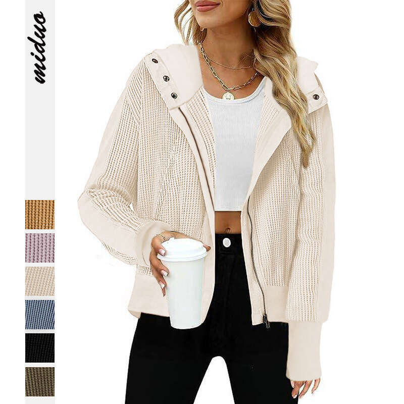 Patchwork Jacket Women's Hooded Sweatshirt Lazy Style Zipper Hoodie Short Knitted Sweater